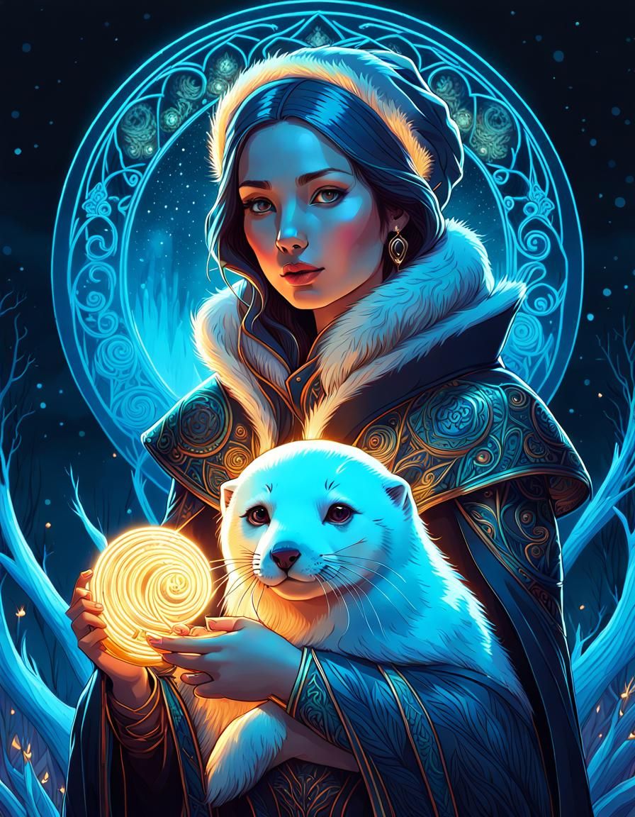 Neon Winter Witch with Baby Seal Portrait