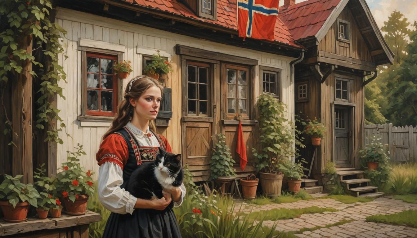 Swedish Woman with Cat: Impasto Oil Painting