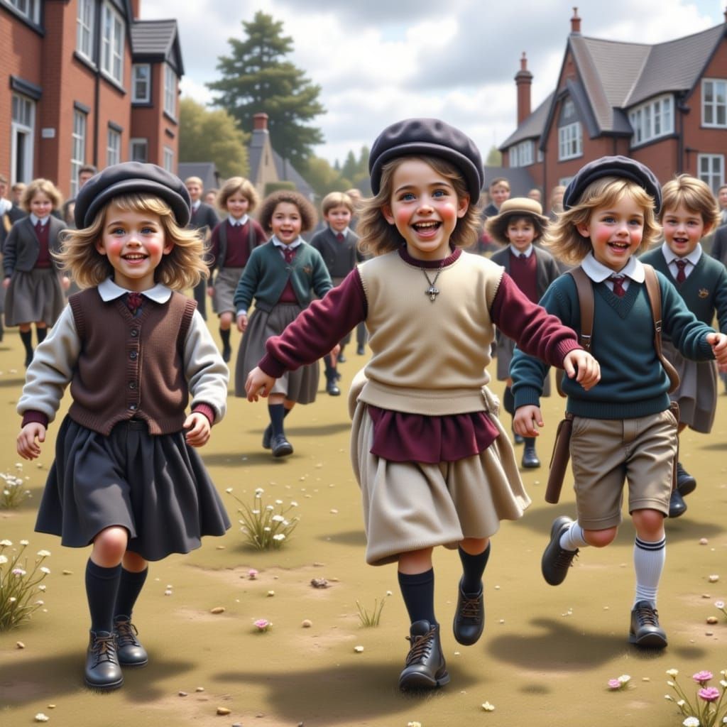 School children in the Victorian era playing on the school p...