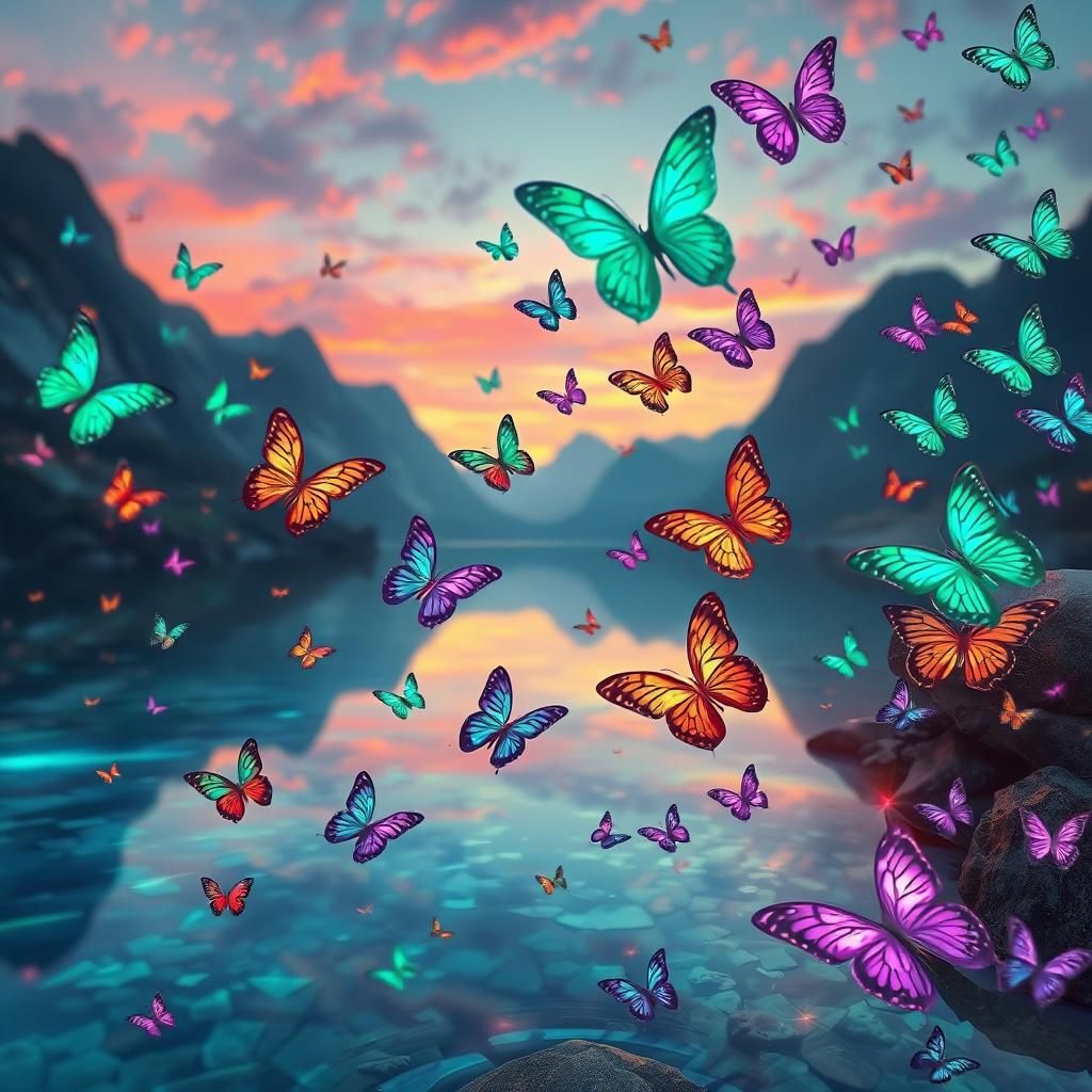 Utopian Landscape with Exotic Butterflies in Digital Art