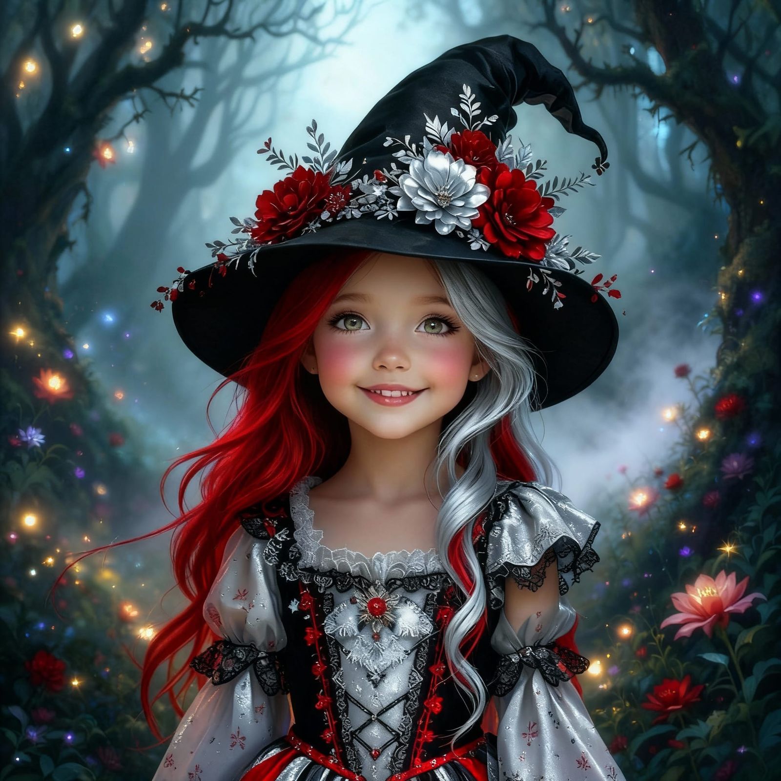 Whimsical Girl in Fantasy Forest with Red & Silver Accents