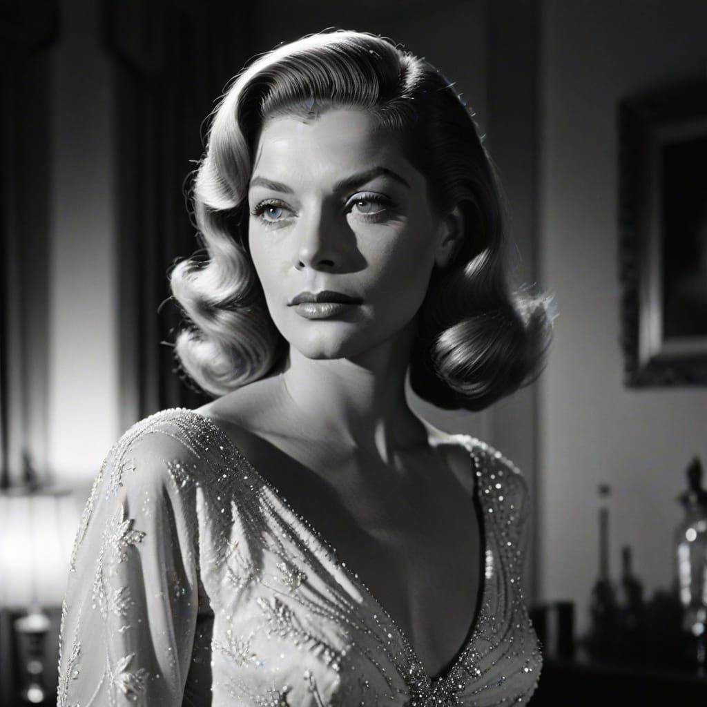 Lauren Bacall in White Gown, Film Noir Style