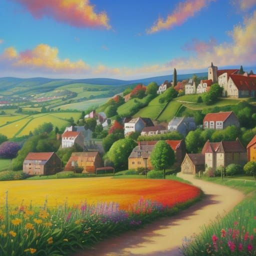 Vibrant Village Scene in Textured Oil Painting