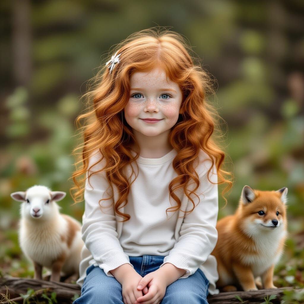 Freckled Girl with Red Hair Poses with Animals in Nature Stu...