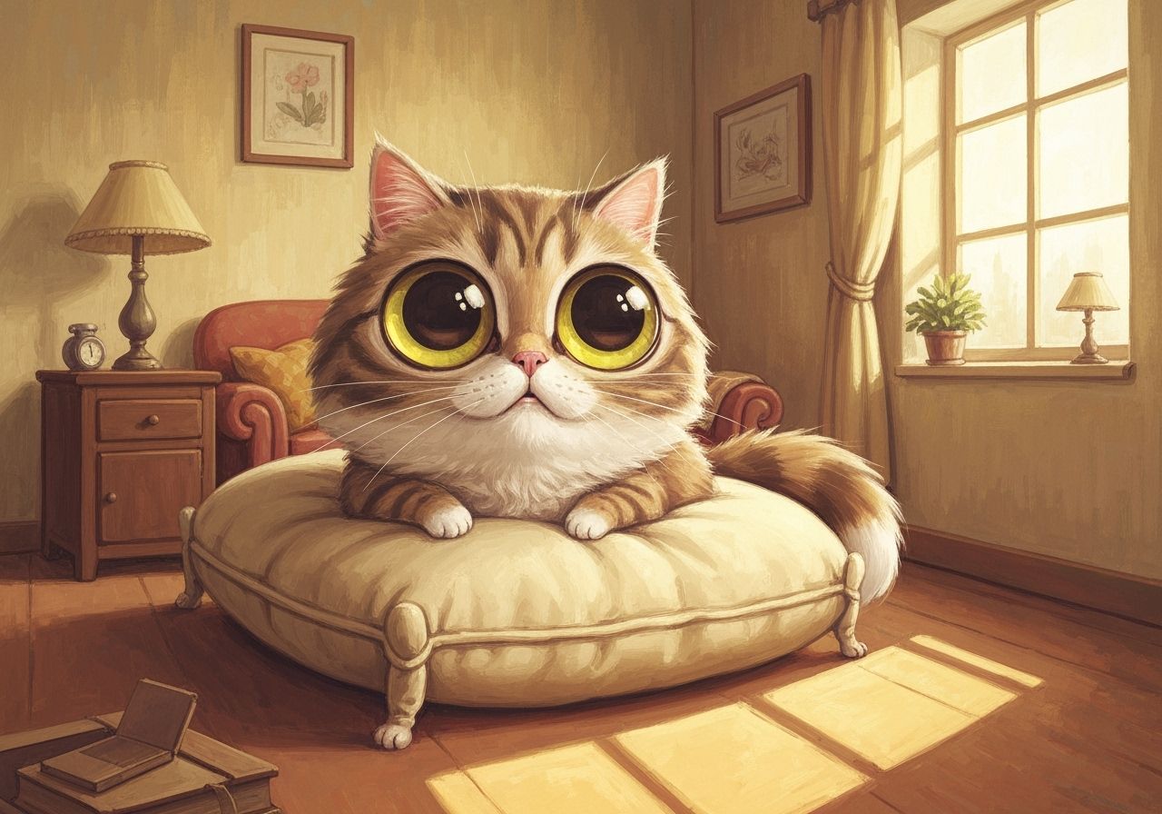 Whimsical Cat Caricature on Oversized Cushion