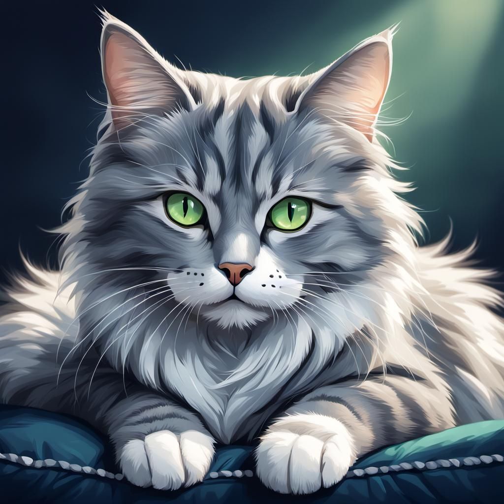 Gray and White Cat on Blue Cushion Illustration