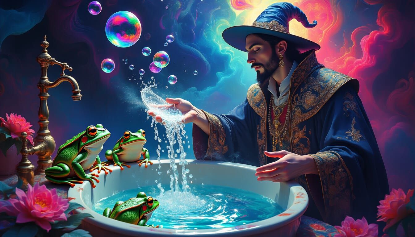 Mage Washing Dishes with Psychedelic Frogs