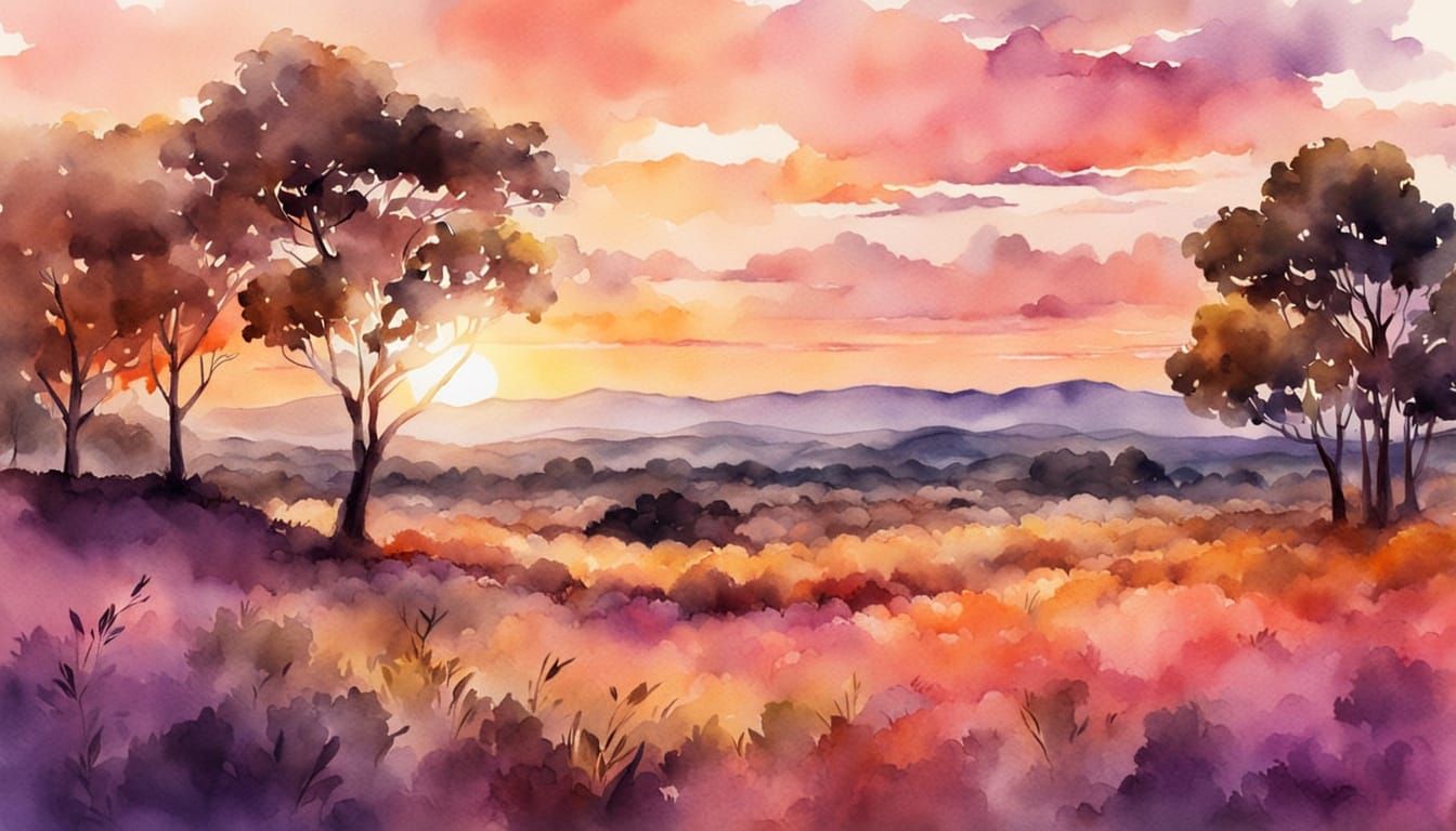 Watercolor Sunset Over African Savannah Landscape