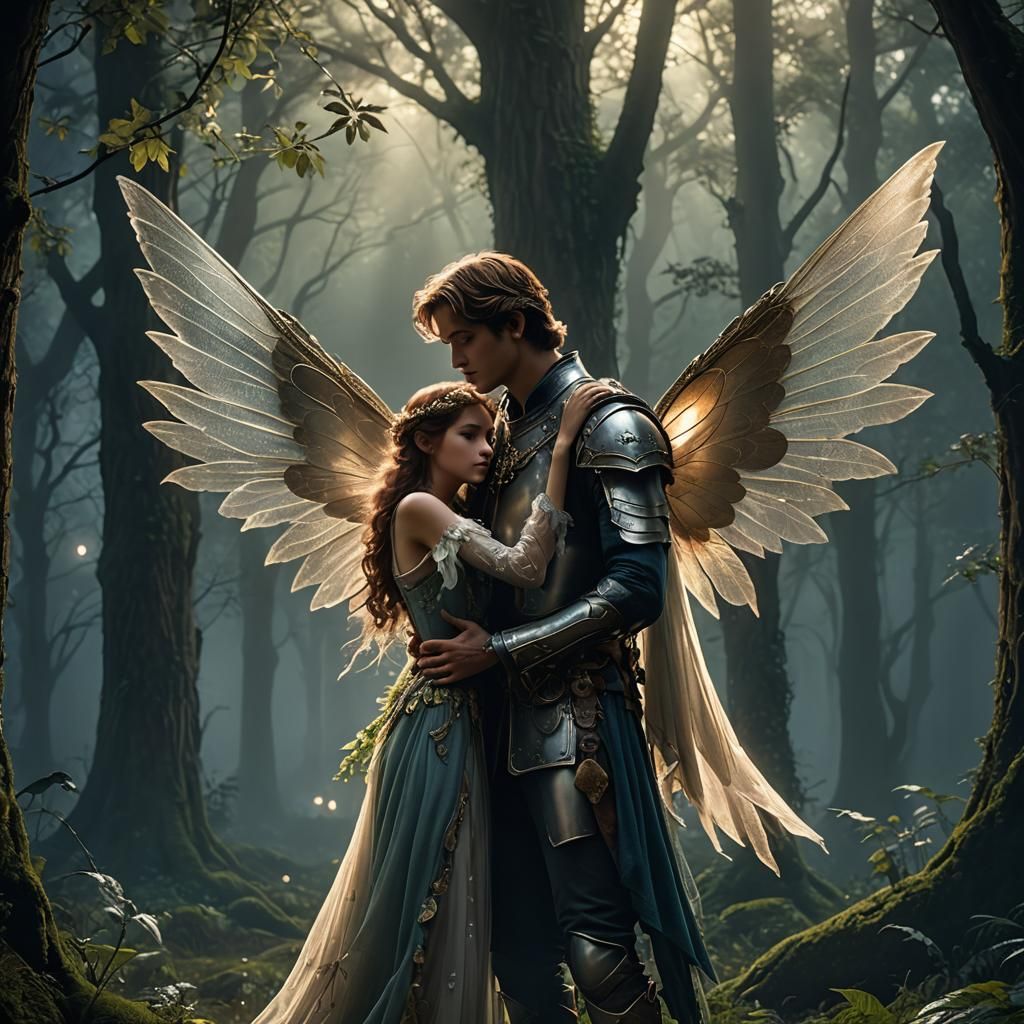 Enchanted Fairy and Prince Embrace in Misty Forest