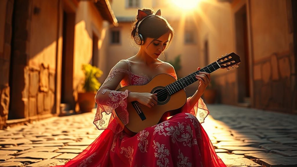 Spanish Beauty Plays Flamenco in Golden Courtyard
