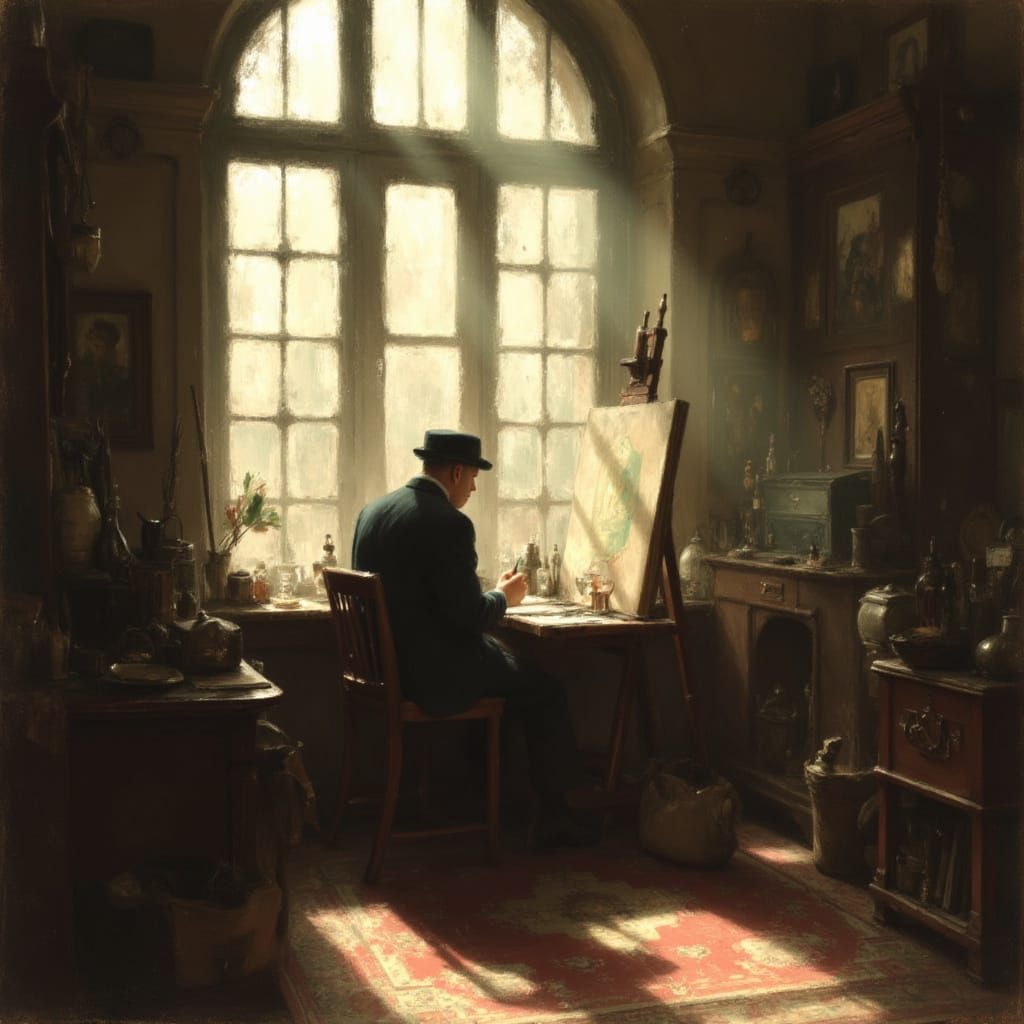 Artist in Sunlit Studio, Oil Painting