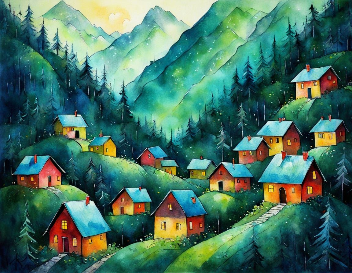 Vibrant Mountain Village in a Kaleidoscope of Emotions