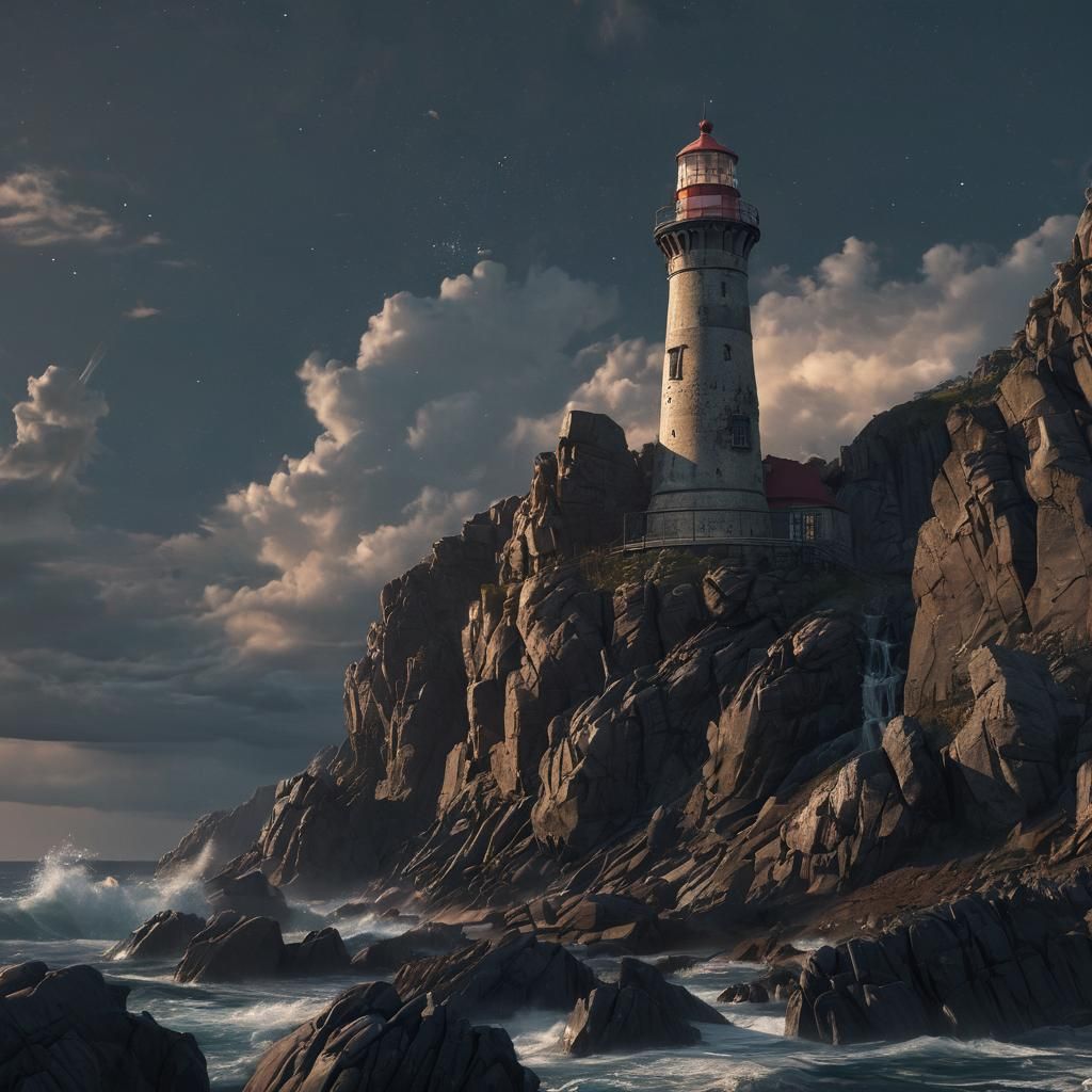 Dramatic Lighthouse on Rocky Coast, 3D Render