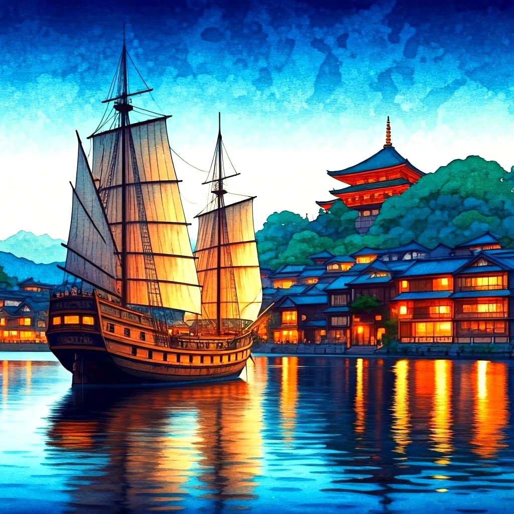 Japanese Sailing Ship at Night in Watercolor Style