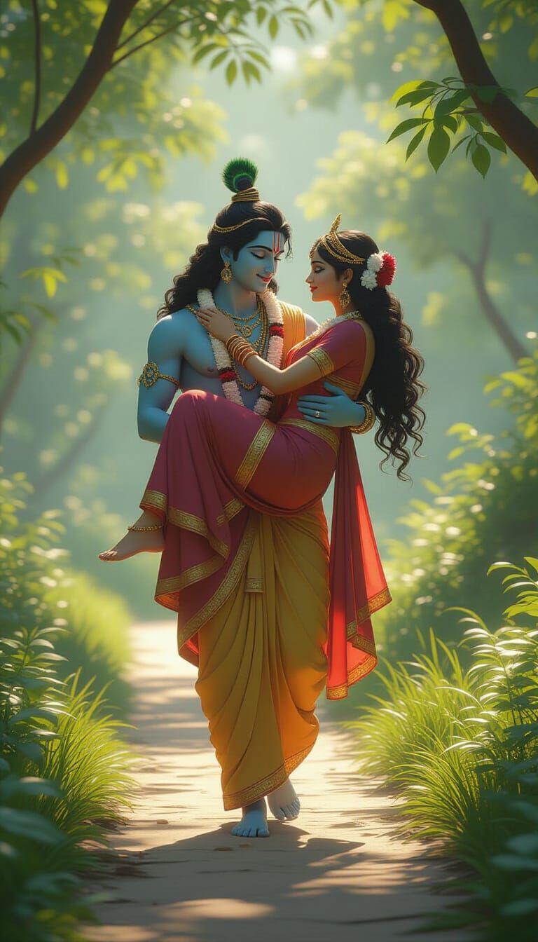Krishna Lifts Radha on a Forest Path in 3D