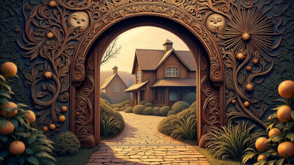 Celestial Wooden Gate with Sun and Moon Fantasy Art