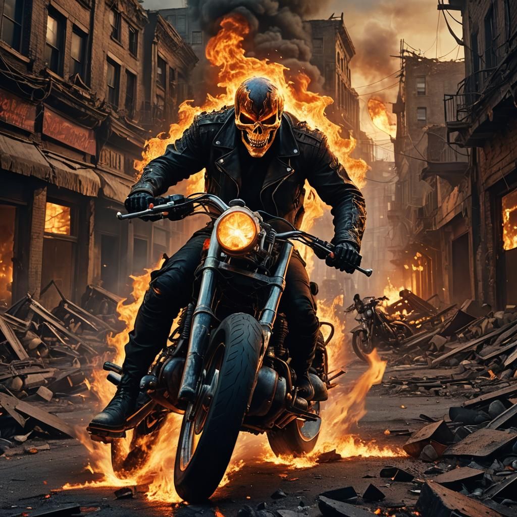 Ghost Rider Rides Through Fiery Cityscape