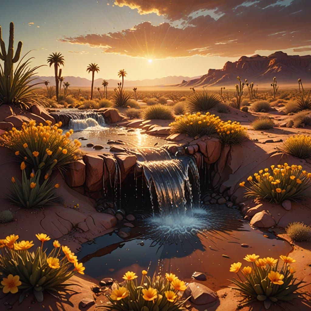 Desert Oasis with Tiny Waterfall in Digital Art
