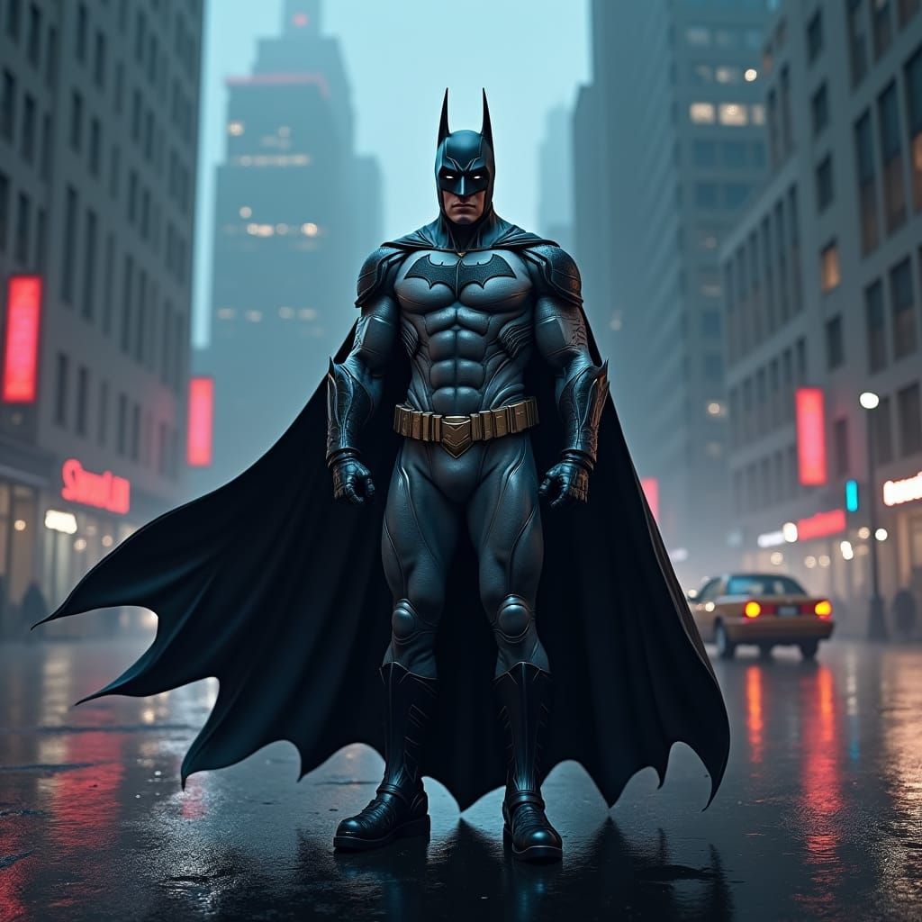 Batman in Metallic Batsuit: Hyperrealistic 3D Gotham Scene