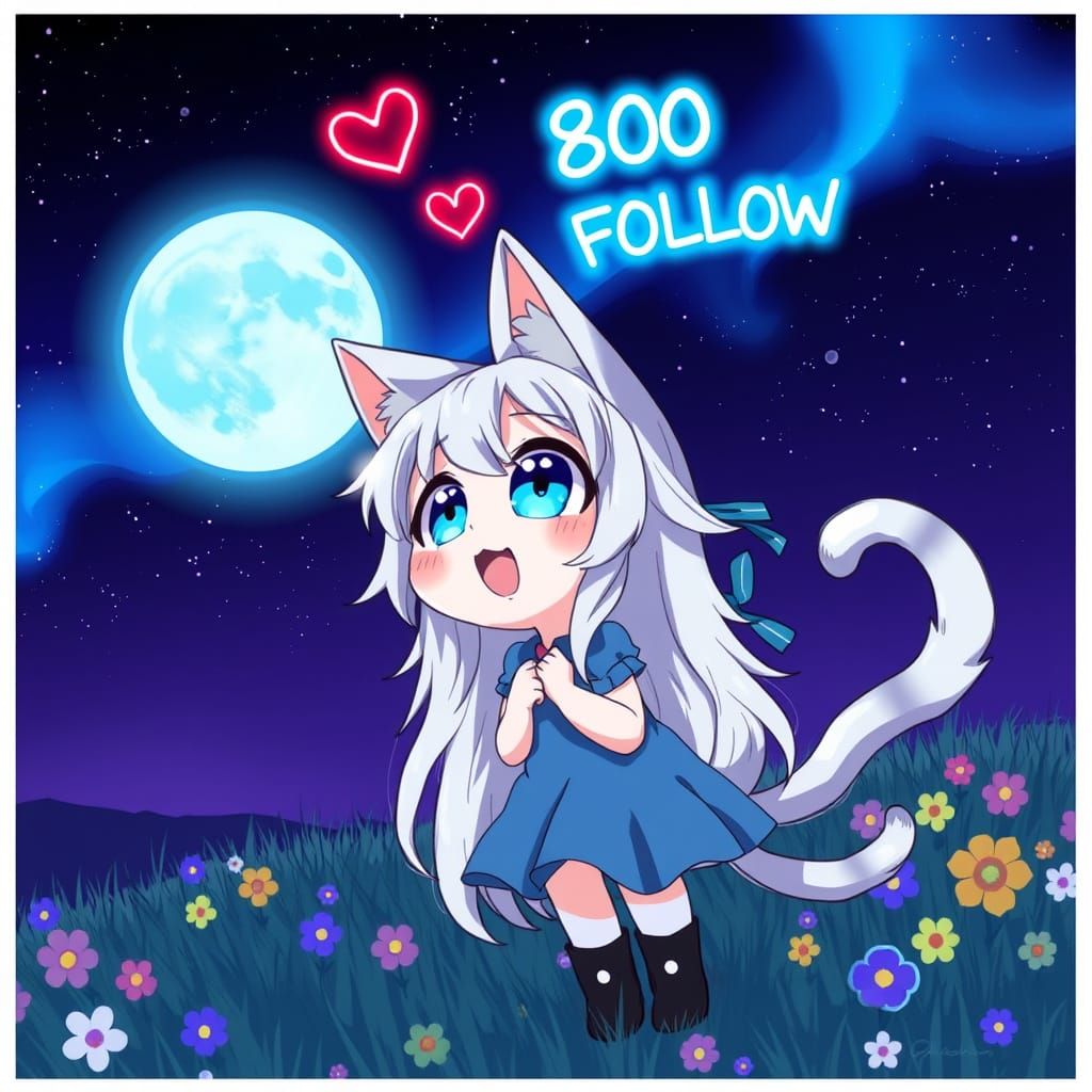 Adorable Anime Catgirl Basks in Moonlight