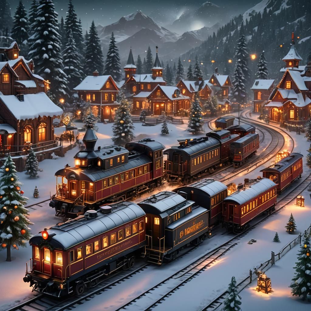 Christmas Train with Lights, Detailed Matte Painting