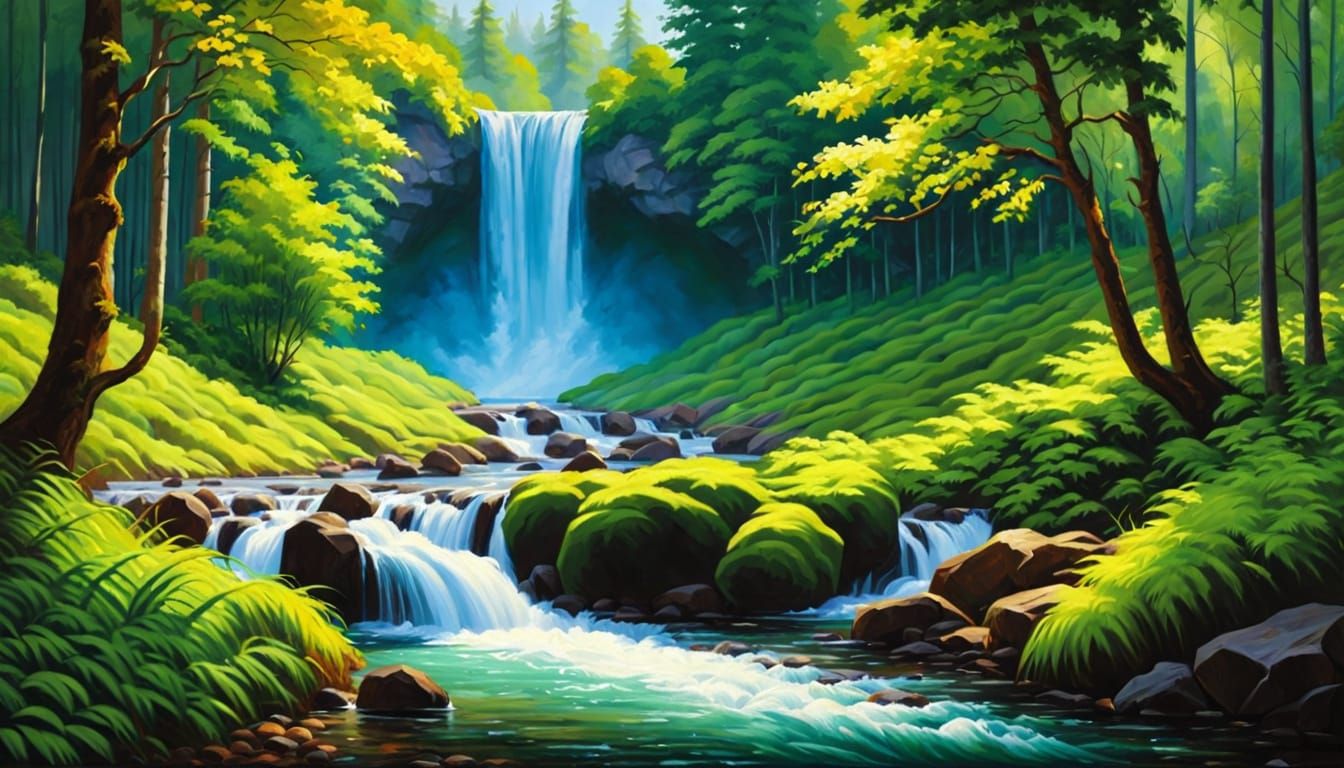 Majestic Waterfall in Forest, Oil Painting Style