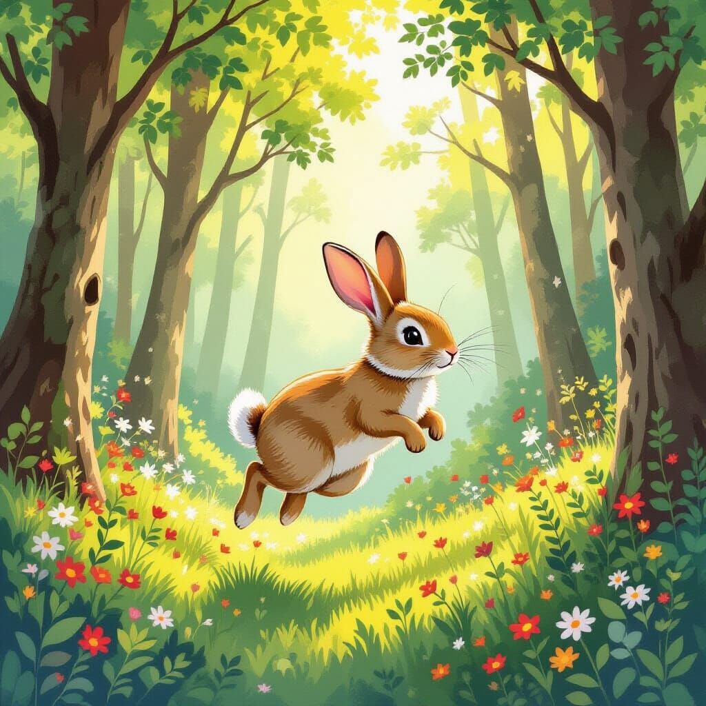 Rabbit Jumping Through Forest, in Children's Book Style