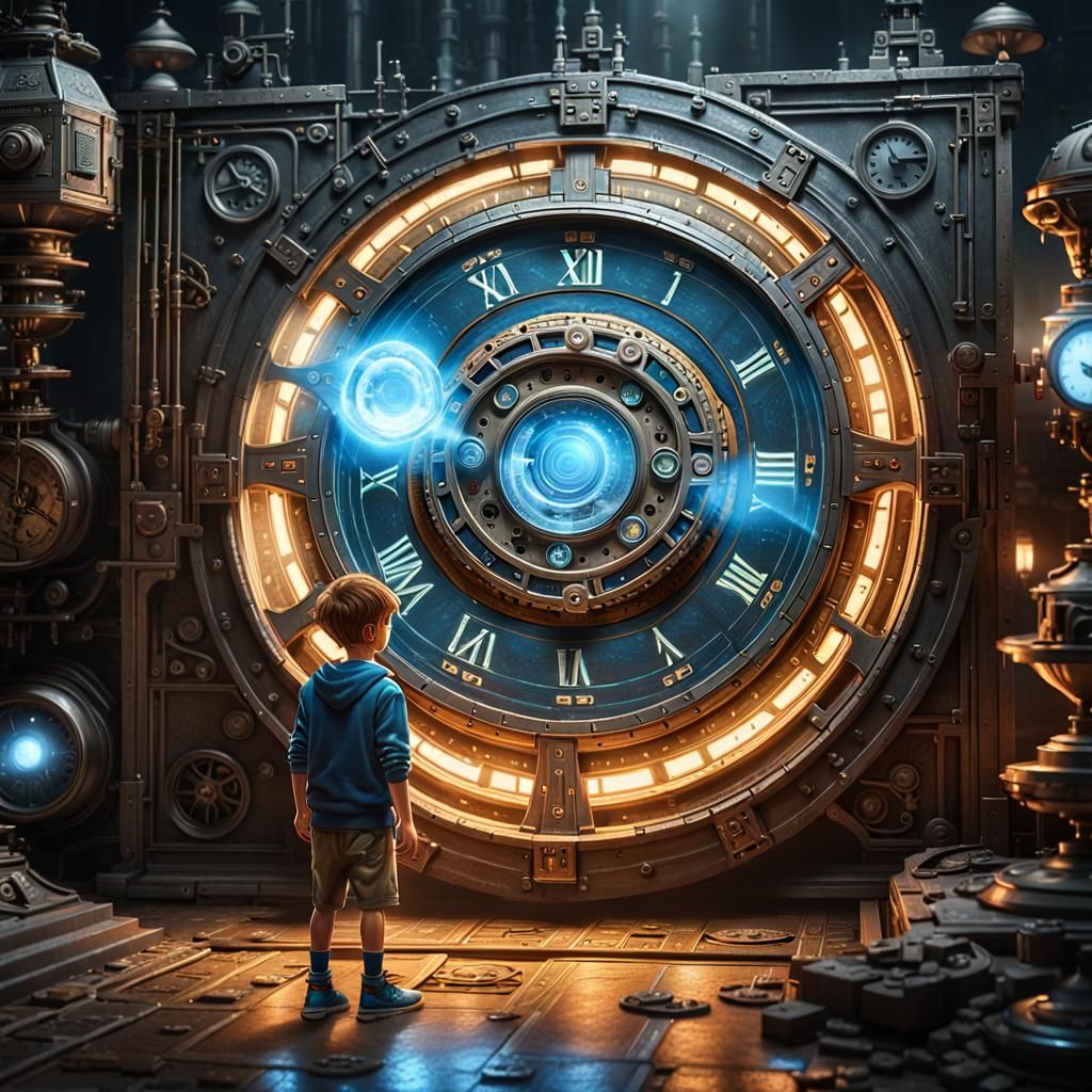 Boy and Time Machine Portal in Dark Fantasy Style