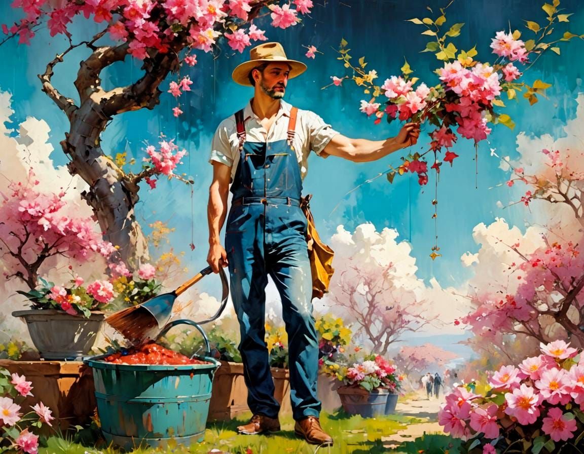 Gardener Waters Cherry Bonsai: Digital Masterpiece