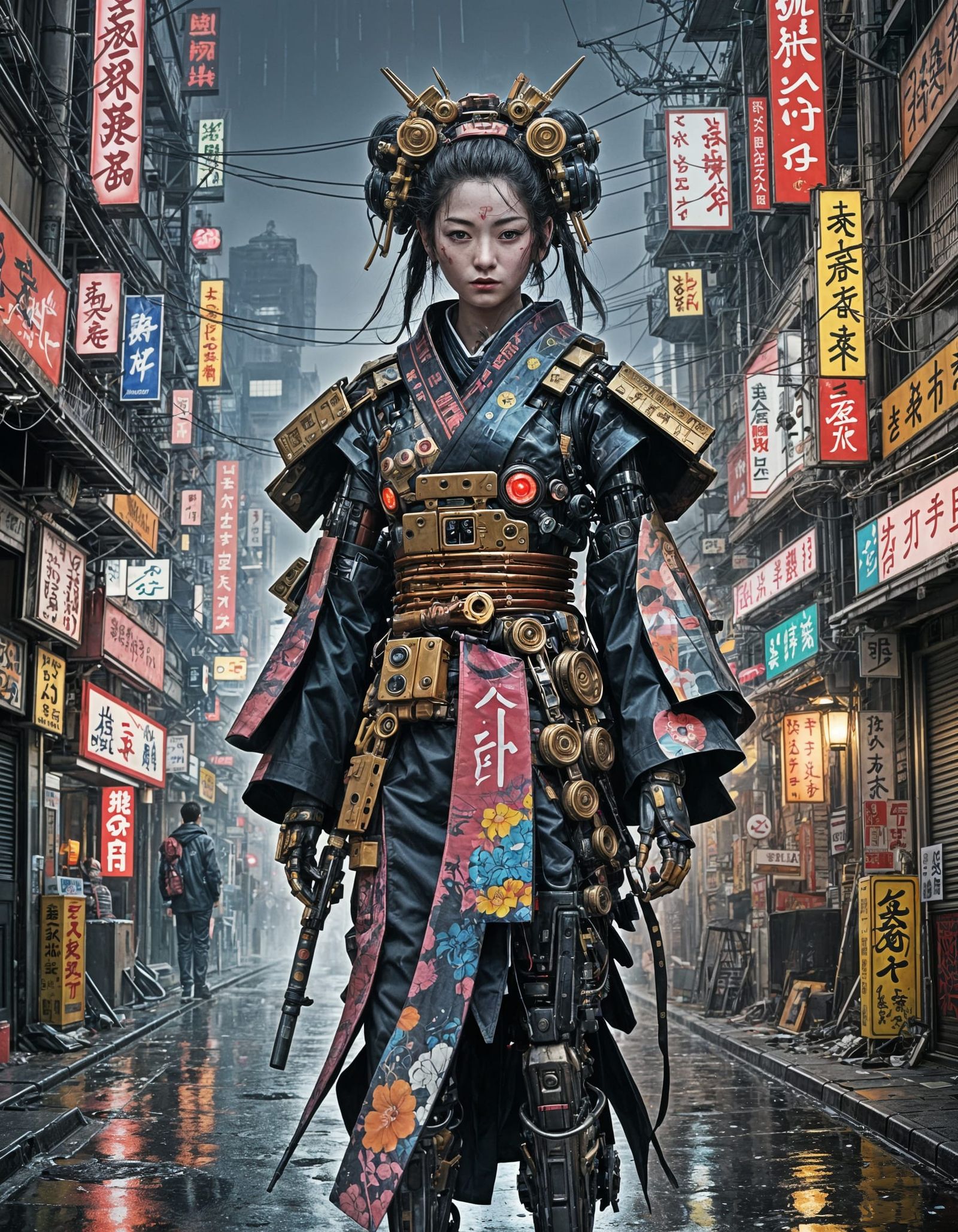 Robot Geisha in Cyberpunk Tokyo Street
