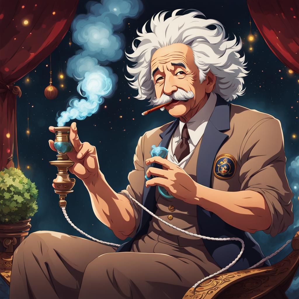 Muscular Einstein Smoking Hookah in Anime Style
