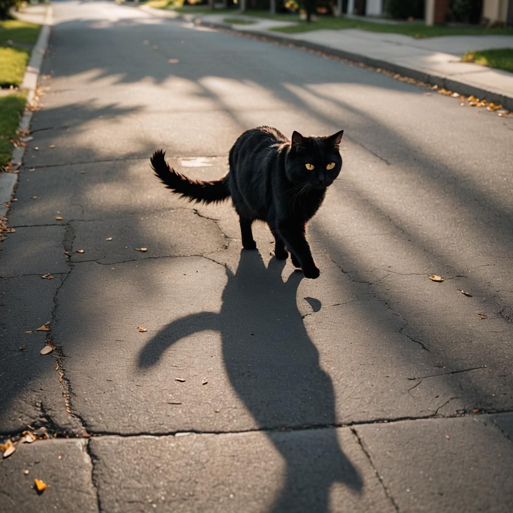 Fluffy Black Cat Struts Down Sunny Street