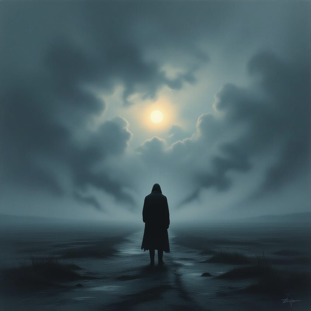 Desolate Figure in Surreal Twilight Landscape