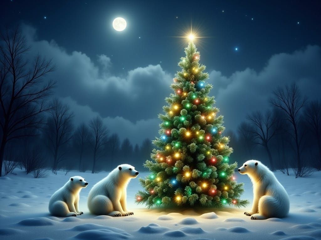 Polar Bear Family Gaze at Christmas Tree