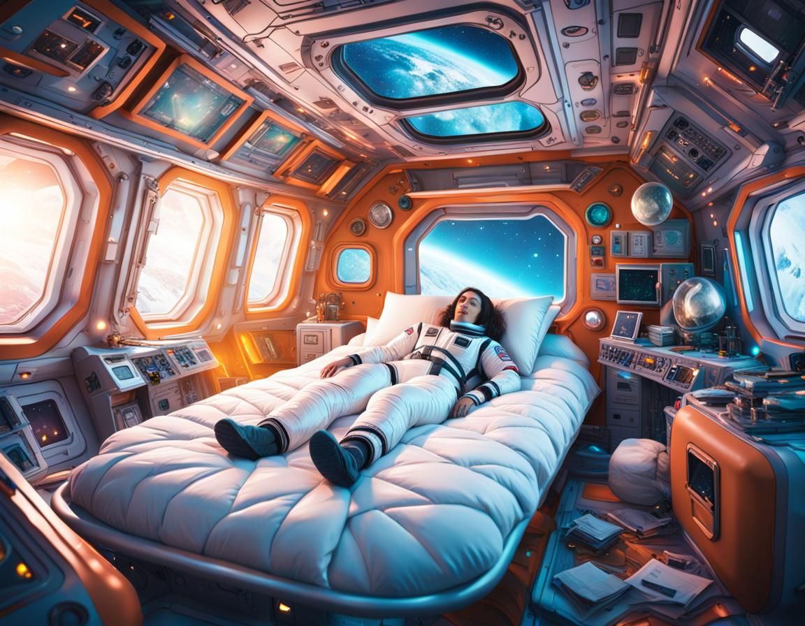 Astronaut Sleeping in Spaceship Cabin in Cartoon Style