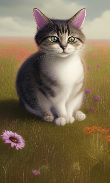 Cute Cat in Flower Meadow, Digital Art