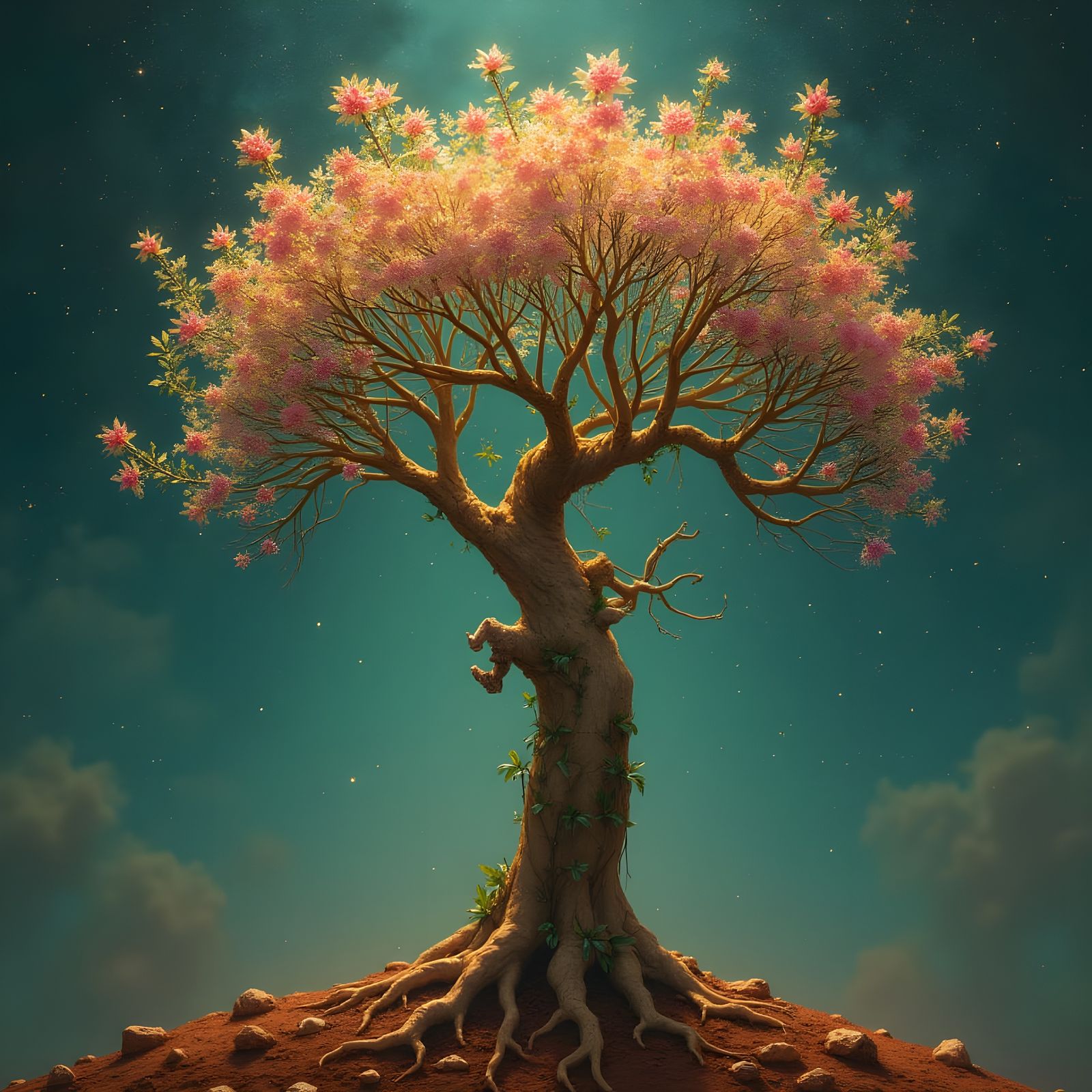 Woman-Tree with Crystal Flowers Reaching for Stars