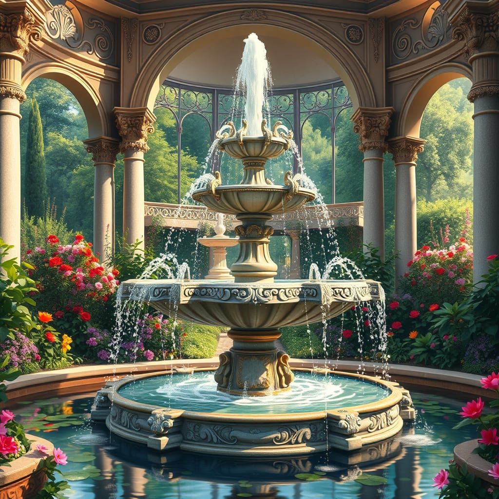 Majestic Fountain in Opulent Garden, Impressionistic Style
