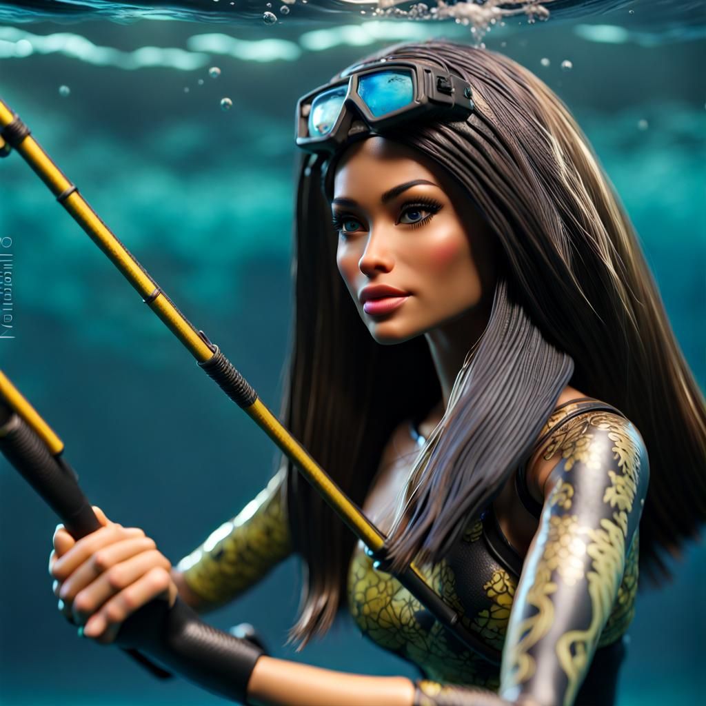 3D Pacific Islander Barbie Spearfishing Underwater