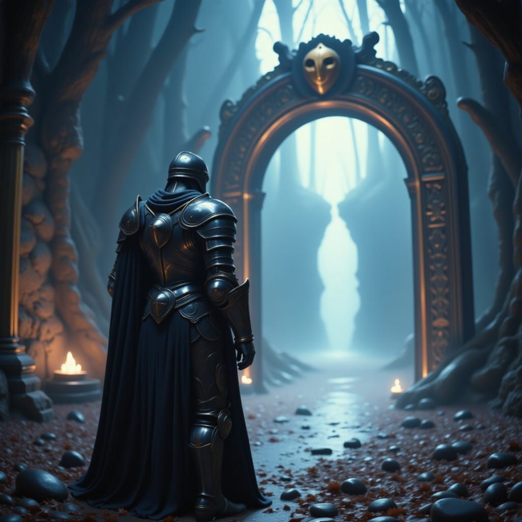 Knight in Acorn Armor Guards Mystical Portal