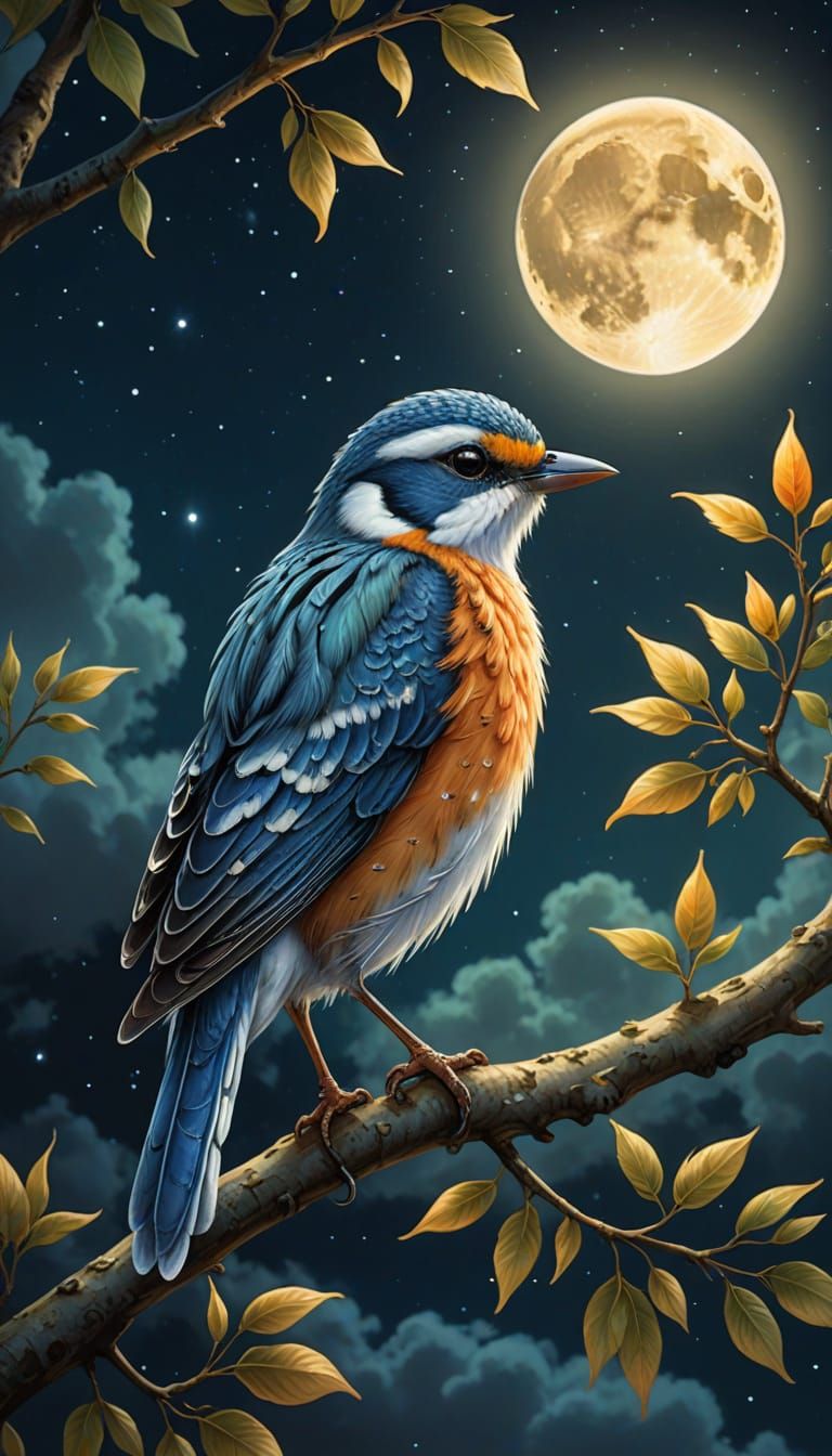 Serene Bird on Moonlit Branch Digital Art