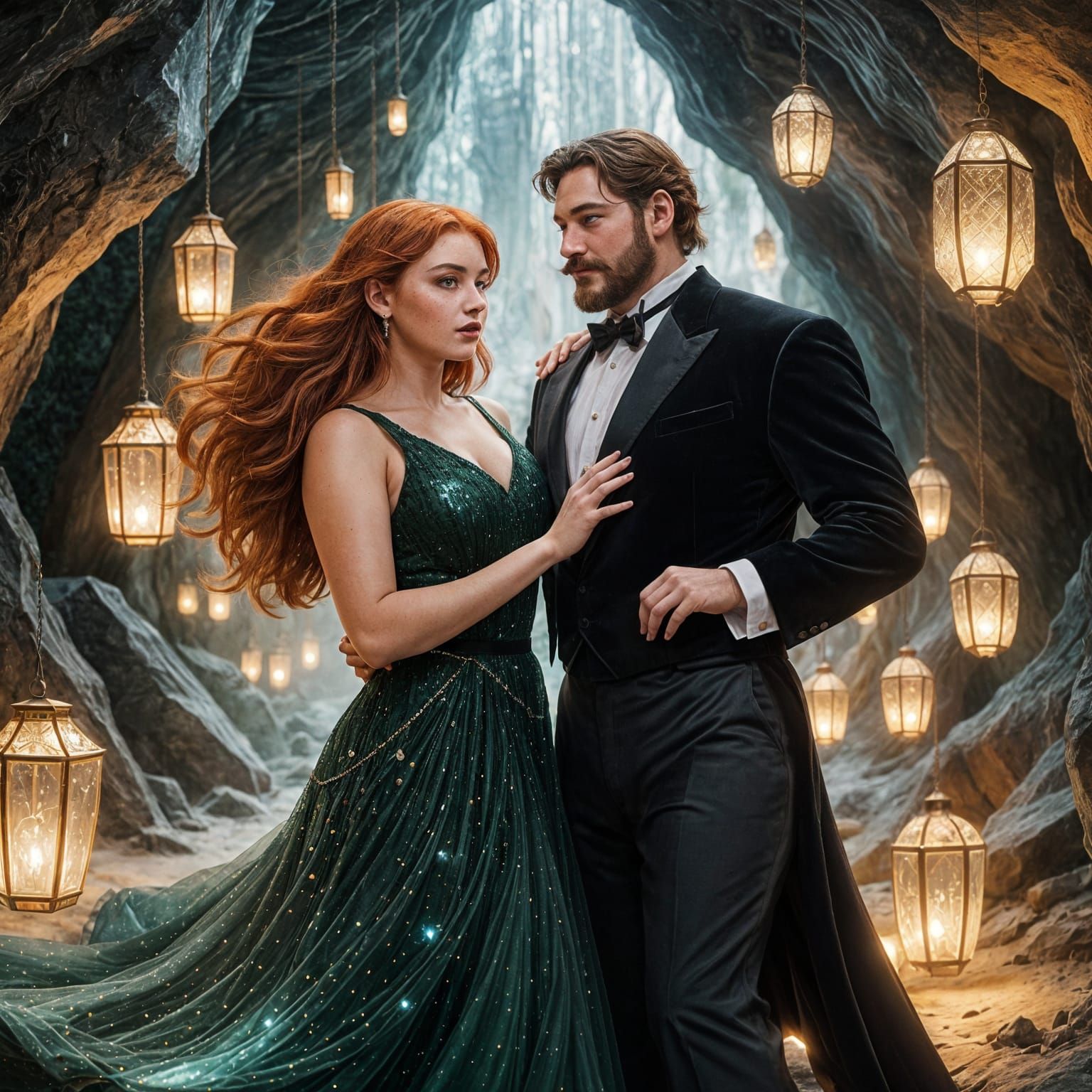 Romantic Redhead Couple Dancing in Crystal Cavern