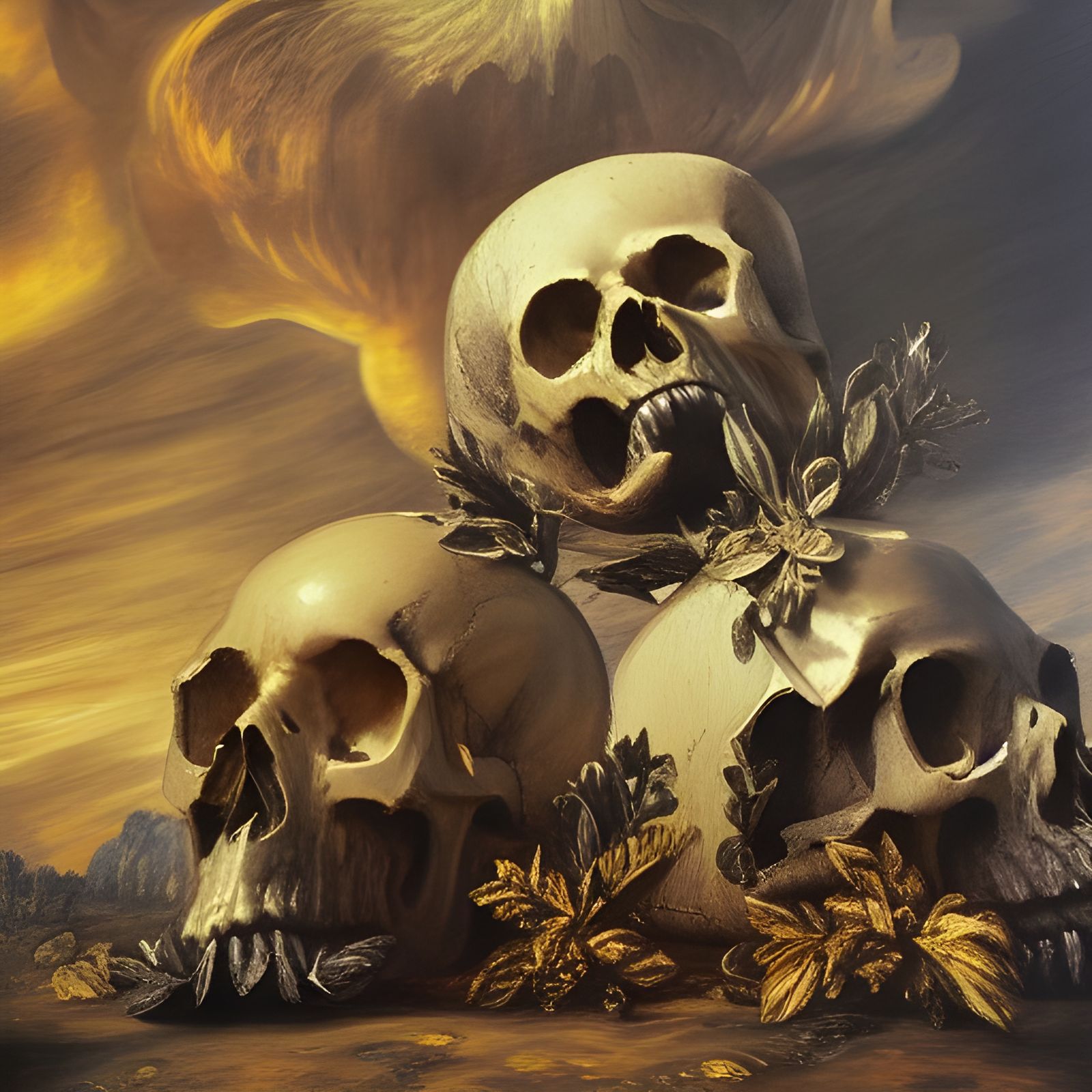 Baroque Skulls Ablaze in Mixed Media Art