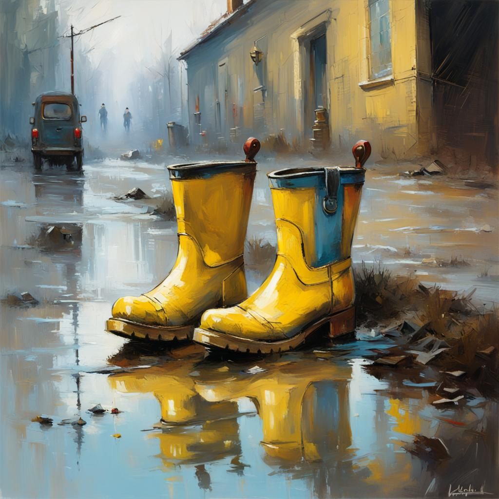 Yellow Boots Reflecting Sky in Impressionist Style
