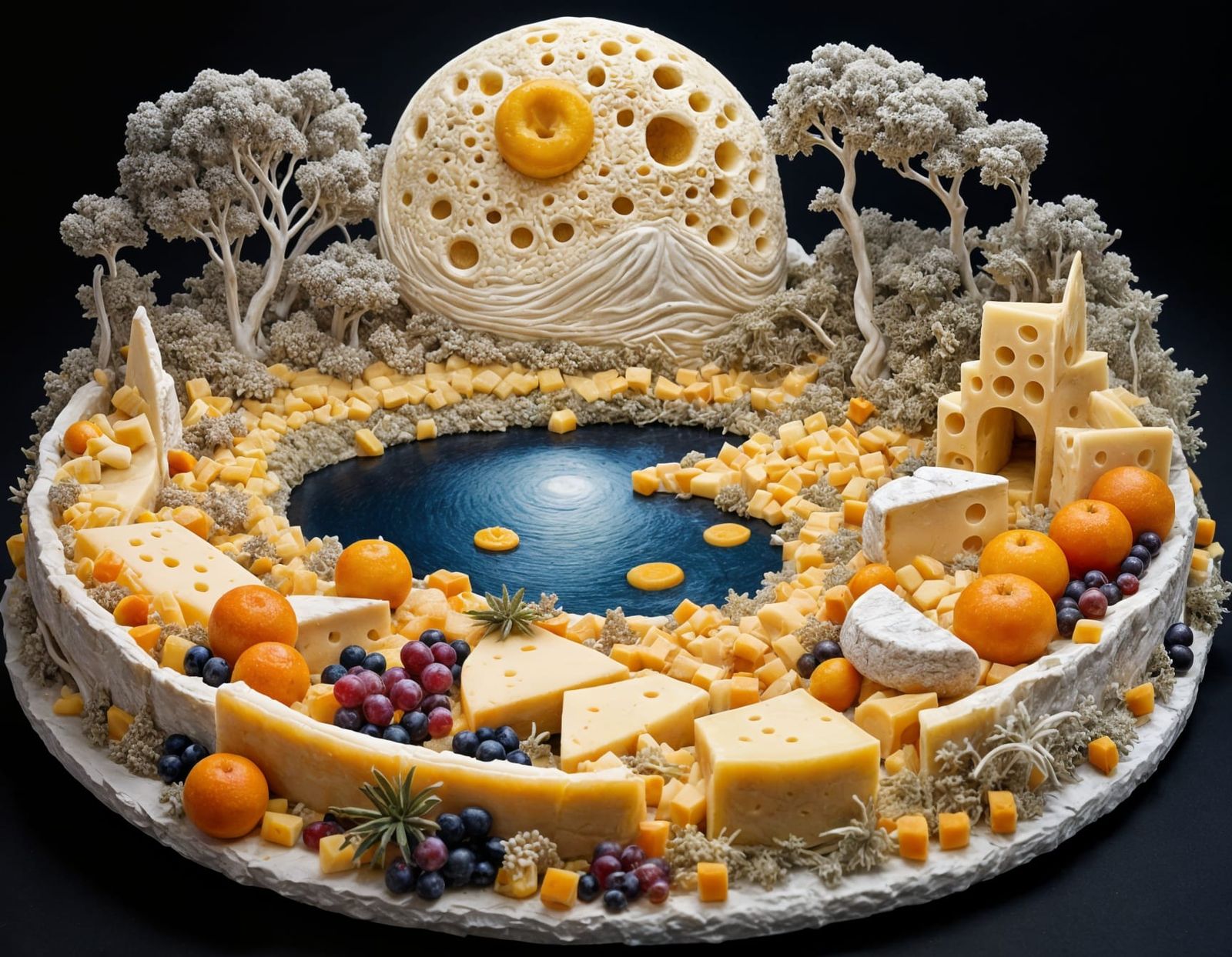Cheese Moon Landscape with Fruits and Mustard Sea