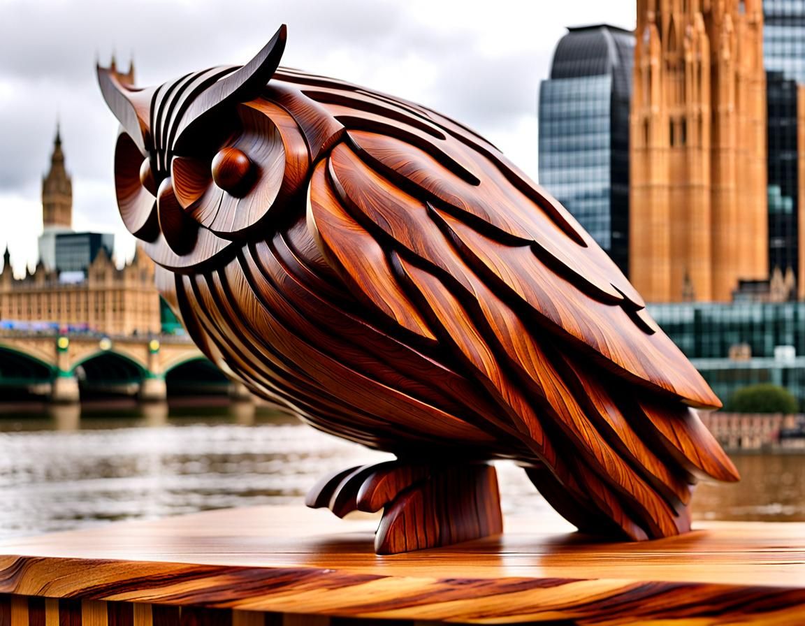 Wet Mahogany Owl Sculpture in London: Hyperrealism