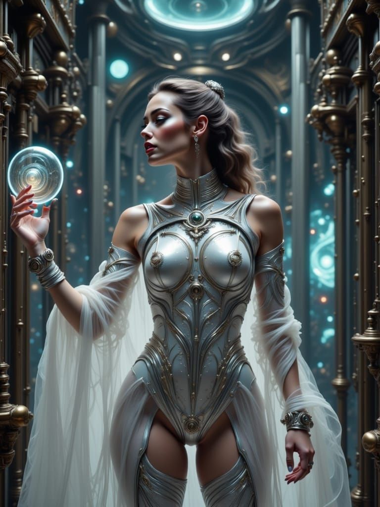 Futuristic Aetherpunk Woman in Industrial Complex