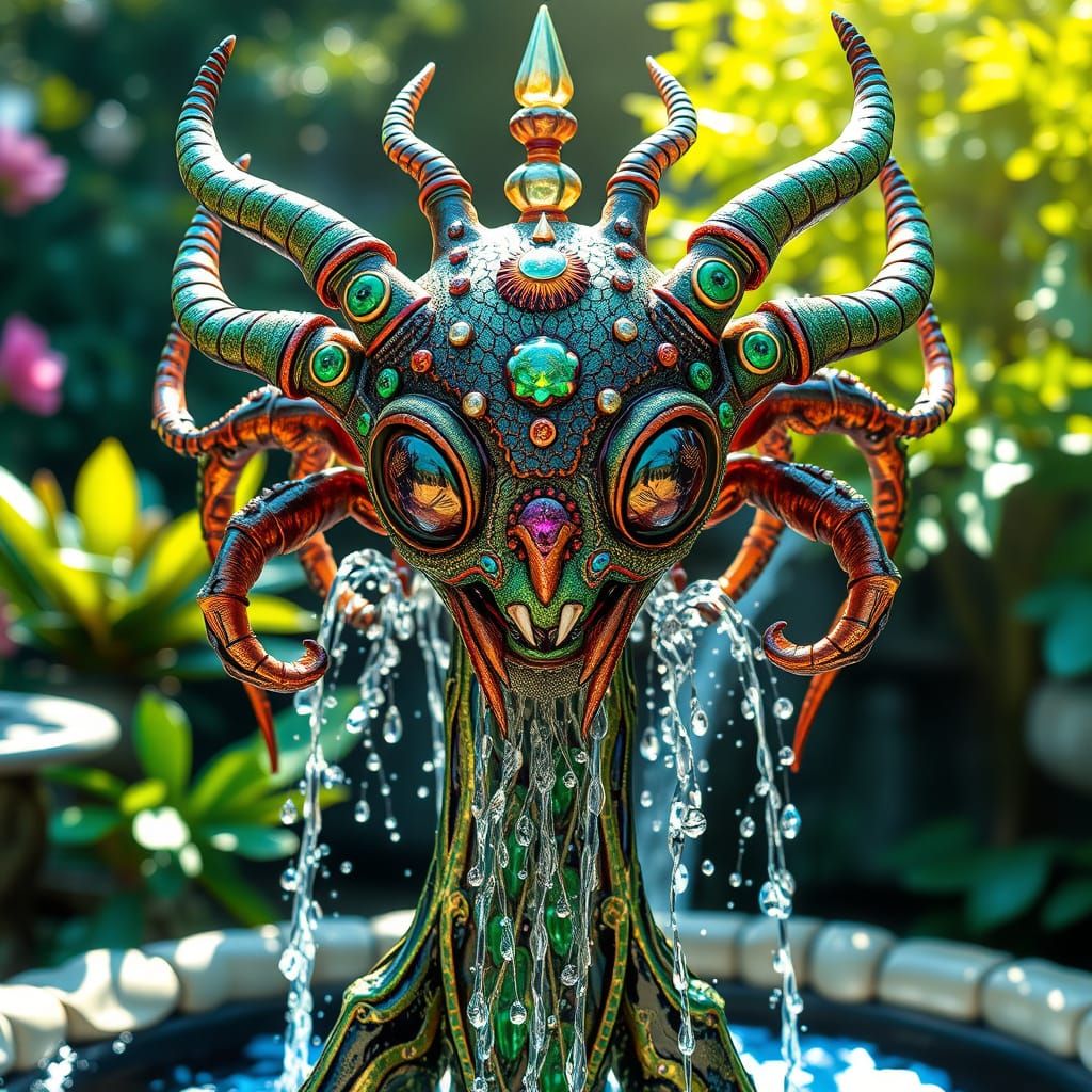 Metallic Alien Sculpture in Sunlit Garden Fountain