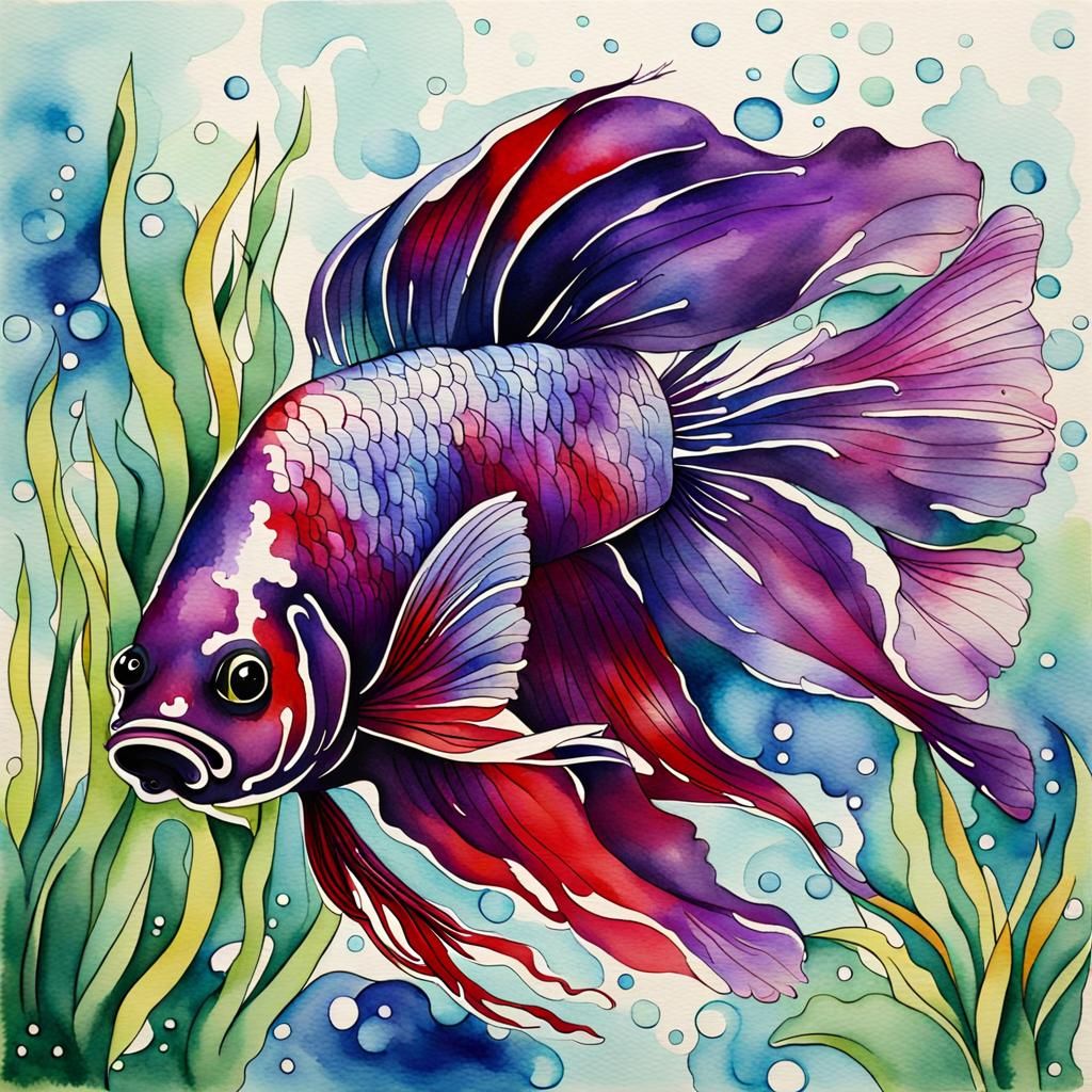 Watercolor Abstract Siamese Fighting Fish in Aquatic Plants