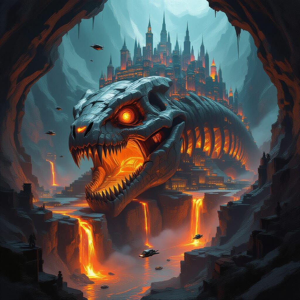 Ancient Creature Cityscape with Lava Rivers